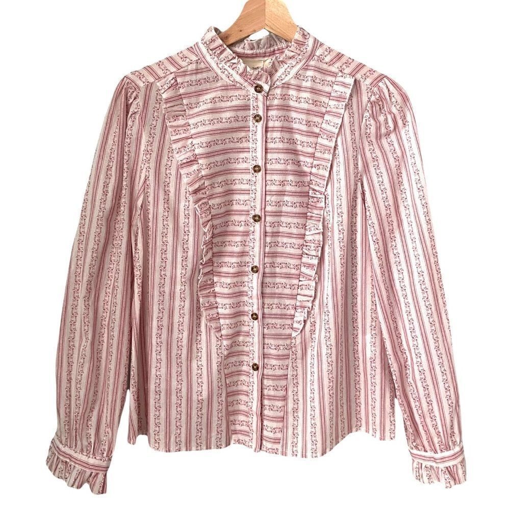 NWT The Korner Front Button Ruffle Cottage Long Sleeve Blouse in Size Small